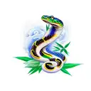 Angry colorful king cobra snake with some bamboo leaves around him tattoo design idea