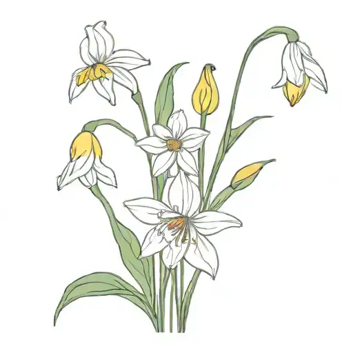 birth flower bouquet, snowdrop, daffodil, daisy and cosmo tattoo design idea