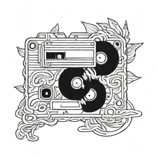 A blackwork tattoo of a mixtape cassette with anime characters on the cover, using a color palette inspired by Kerala tradition tattoo design idea