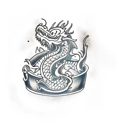 A traditional style tattoo of a dragon wrapped around a cooking pot, symbolizing the client's passion for both cooking and dragons tattoo design idea