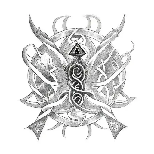 A black-grey tattoo blending the Yggdrasil tree and the Valknut symbol in a seamless and mystical design tattoo design idea