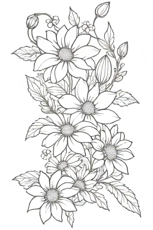 A minimalist design of a bouquet of chrysanthemums, morning glories, water lilies, and daisies intertwined to represent the unity and love within your family tattoo design idea