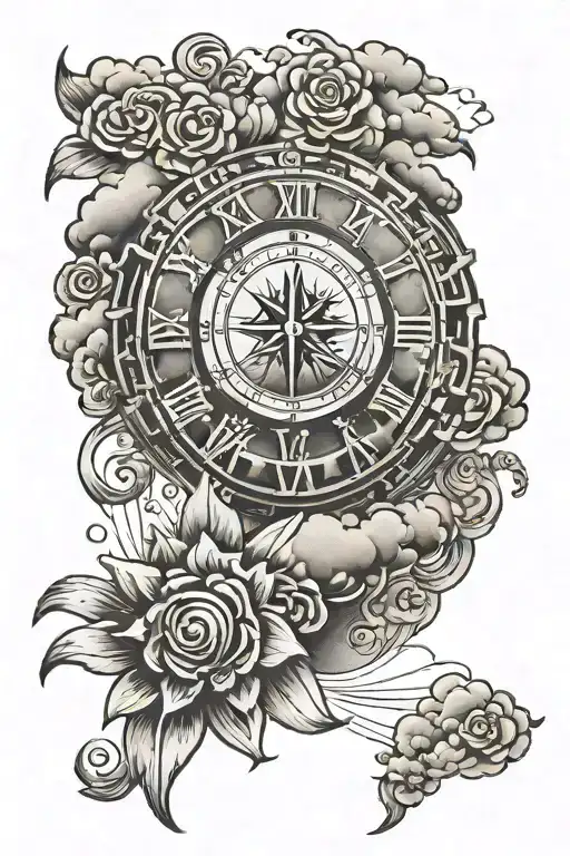 clouds sun rays roman numerals  tattoo design idea