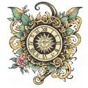 clouds sun rays roman numerals vines tattoo design idea