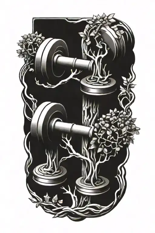 A stylized dumbbell intertwined with a family tree, symbolizing strength and growth in both physical fitness and family relationships tattoo design idea
