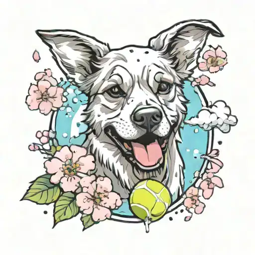 A tattoo of your pet dog playing with a tennis ball, surrounded by cherry blossom petals inspired by anime aesthetics tattoo design idea