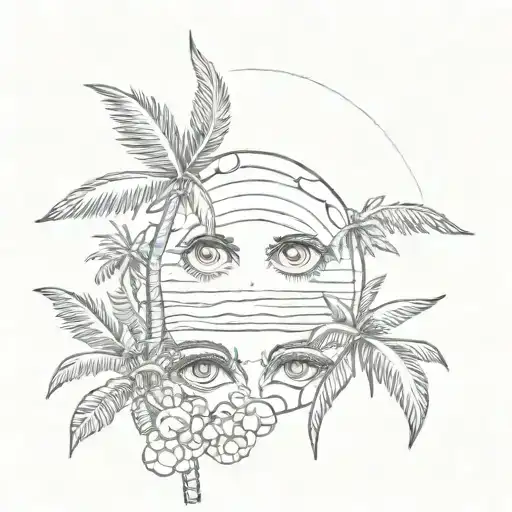 shape eyes  and a sun, ocean coconut tree   tattoo design idea