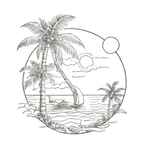 sun coconut tree and ocean like eyes of the human   tattoo design idea