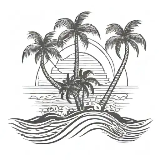 coconut tree with sun and ocean waves but its like a eyes  tattoo design idea