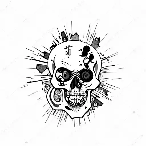 ZOMBIE SKULL with a Piston Stuck in Top of Skull ripping out of SHREDDED Skin ) | LAYERED TORN-SKIN tattoo design idea