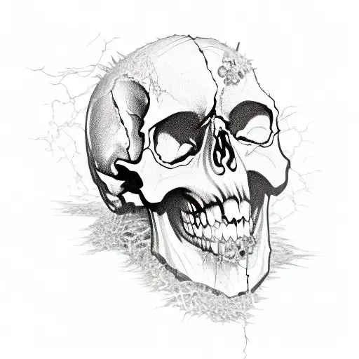 ZOMBIE SKULL with a Piston Stuck in Top of Skull behind a layer of SHREDDED Skin tattoo design idea