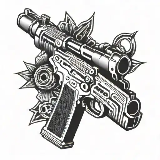 A sleek and modern gun design intertwined with intricate welding tools and symbols, paying homage to the client's occupation as a welder in the military tattoo design idea