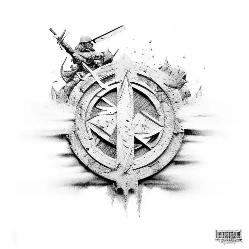 An epic battle scene with soldiers and war symbols tattoo design idea