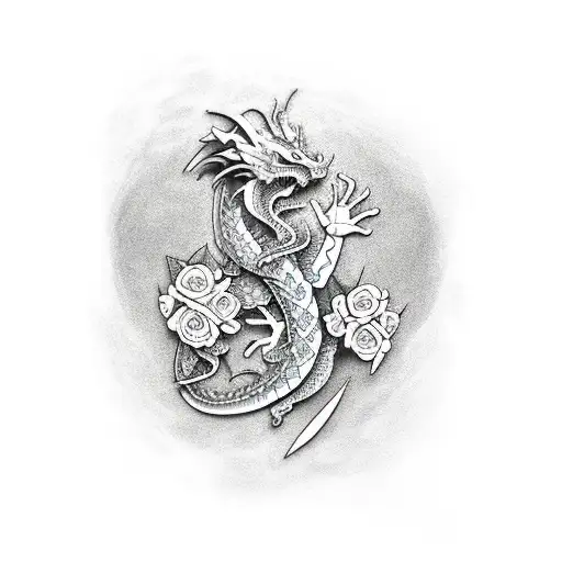 a dragon around with flowers and the paw of a dead dog  tattoo design idea
