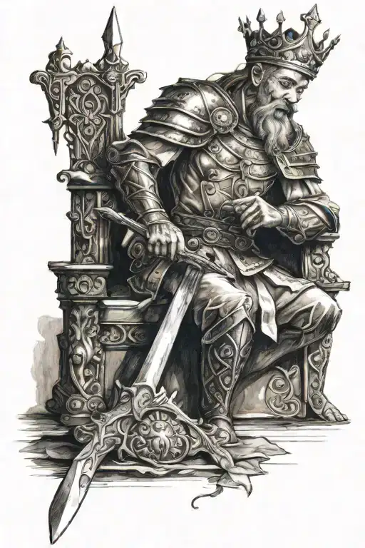 a king seated on his throne, holding his sword with both hands towards the ground, leaning on it and on the floor at his tattoo design idea