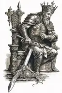 a king seated on his throne, holding his sword with both hands towards the ground, leaning on it and on the floor at his tattoo design idea