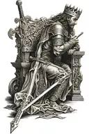 a king seated on his throne, holding his sword with both hands towards the ground, leaning on it and on the floor at his tattoo design idea