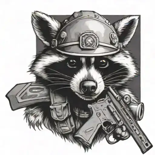 raccoon, gun, war helmet adorned tattoo design idea