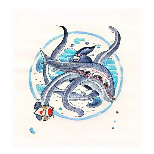 Giant squid fighting a whale in space tattoo design idea
