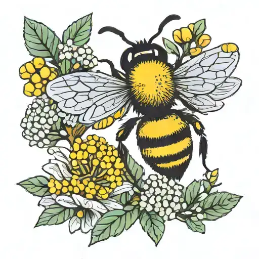 buzzing bee in wattle flower tattoo design idea