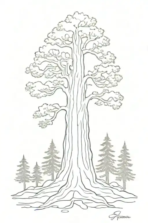 giant sequoia with 魂 merged in roots tattoo design idea