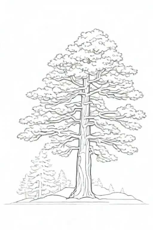 simple black and white giant sequoia with the symbol 魂 incorporated into the tree canopy tattoo design idea