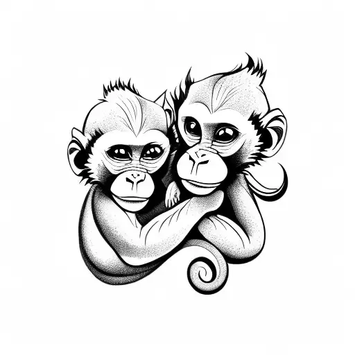 baby monkey and baby dragon hugging, tails combine to form the shape of a heart, cute, lovable  tattoo design idea