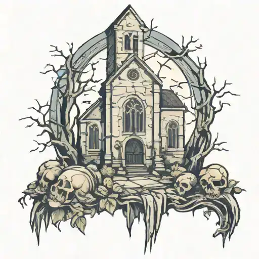 ruined church and graveyard tattoo design idea