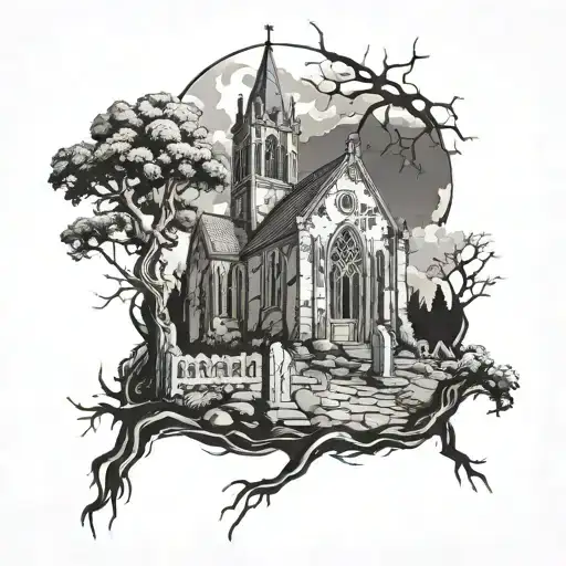 ruined church and graveyard tattoo design idea