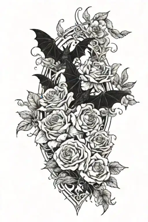 Gothic floral arrangement with moon and bat accents tattoo design idea
