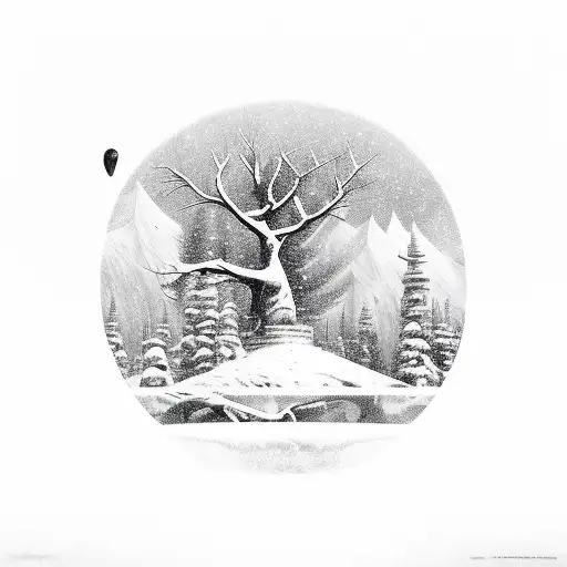 A selfless act depicted as a scenic view with cold weather elements, like snow and ice tattoo design idea