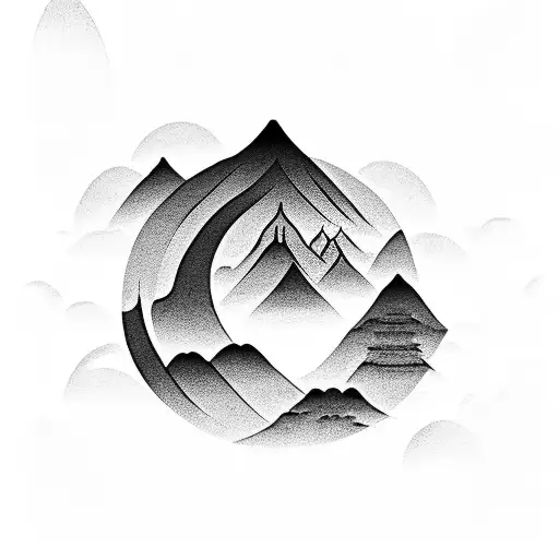 A serene zen garden nestled within the silhouette of a mountain tattoo design idea