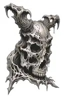 a haunting scene of a bear skull that is half metal and half melting flesh tattoo design idea