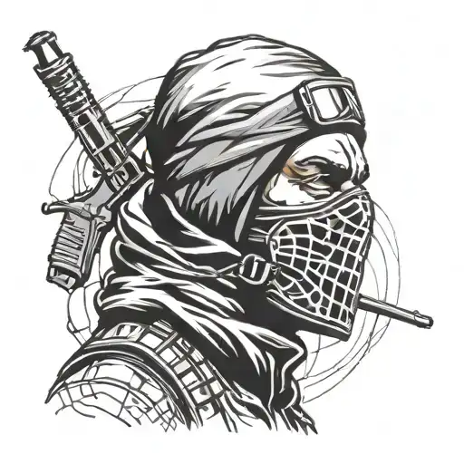 Create a 14 cm tall black and vivid tattoo design of a guerrilla-style man standing, wearing a balaclava, and making a victory sign with his hand. The design should be bold and dynamic, suitable for an arm tattoo. tattoo design idea