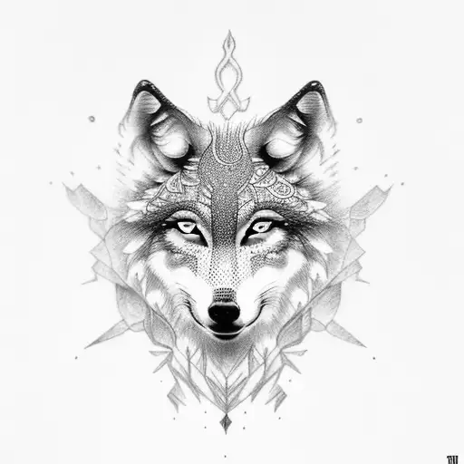 Create a dotwork design featuring a wolf and lightning tattoo design idea