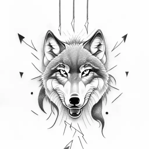 Create a dotwork tattoo featuring a wolf with lightning bolts as its eyes tattoo design idea