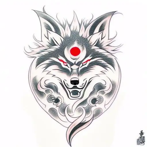 Okami wolf full back tattoo with red sun behind tattoo design idea