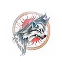 Okami wolf full back tattoo with red sun behind tattoo design idea