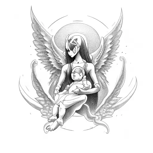 demon holding baby with giant angle wings tattoo design idea
