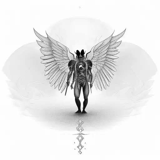 standing demon holding baby with giant angle wings tattoo design idea