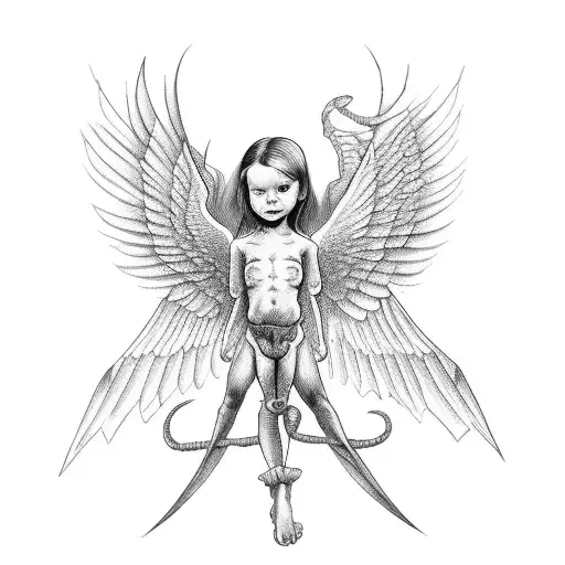 standing devil holding baby with giant angle wings tattoo design idea