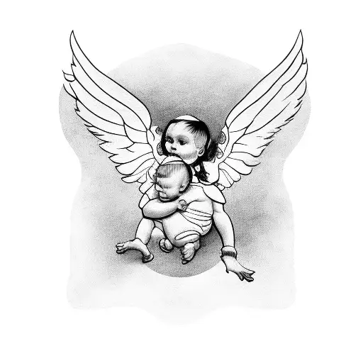 devil holding baby with giant angle wings tattoo design idea
