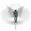 standing demon holding baby with giant angle wings tattoo design idea