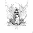 standing demon holding baby with giant angle wings tattoo design idea