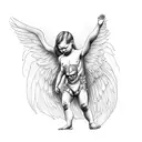 standing demon holding baby with giant angle wings tattoo design idea