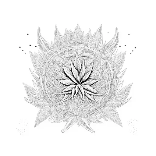 Trippy plug surrounded by psychedelic weed plants tattoo design idea