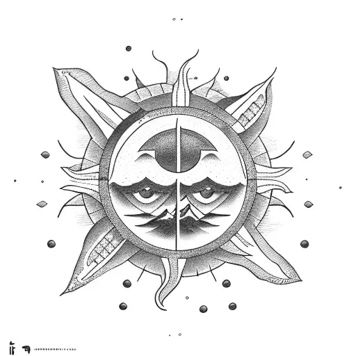 sun, mountain, sea and cross tattoo design idea