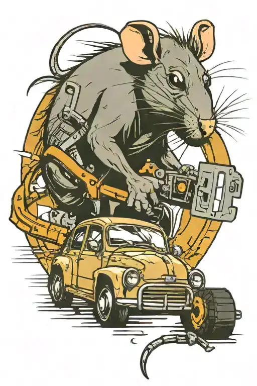 rat and chainsaw and car on highway tattoo design idea