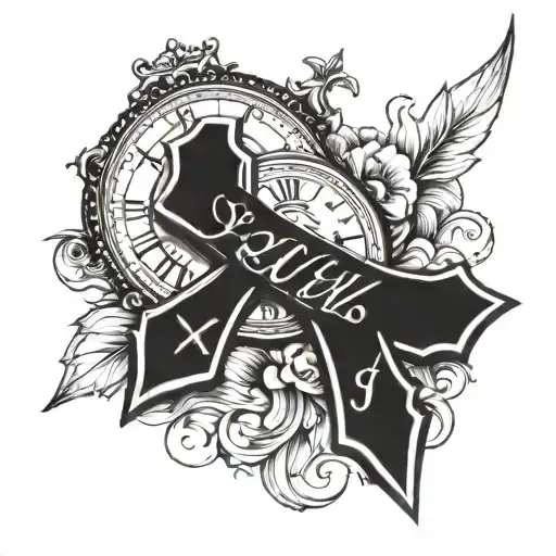 a cross with Philippians 4:13 in cursive also with a clock showing 3:30 am tattoo design idea