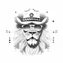 lion with cowboy hat wearing sunglasses with the union jack and american flag in the reflection tattoo design idea
